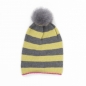 Mobile Preview: Pink, Yellow, Grey: Striped Knitwear Beanie with Fur Pompom