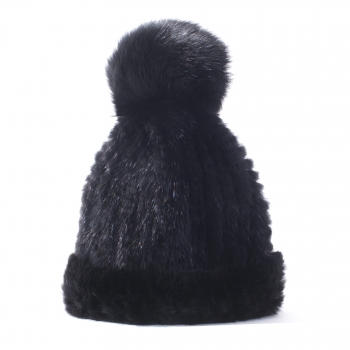 Pompom Hat &#8211; Knit Mink Fur Cap, black
