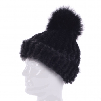 Pompom Hat – Knit Mink Fur Cap, black