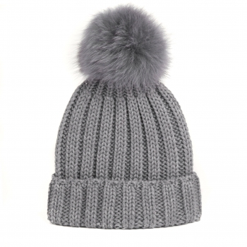 knitted Wool Cap with Fox Pompon, dim- grey