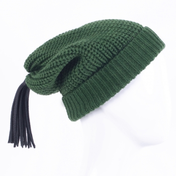 Beanies with leather tassels & Swarovski crystals, bottle green