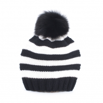 Hand-Knitted Cap with Black Fur Pompom