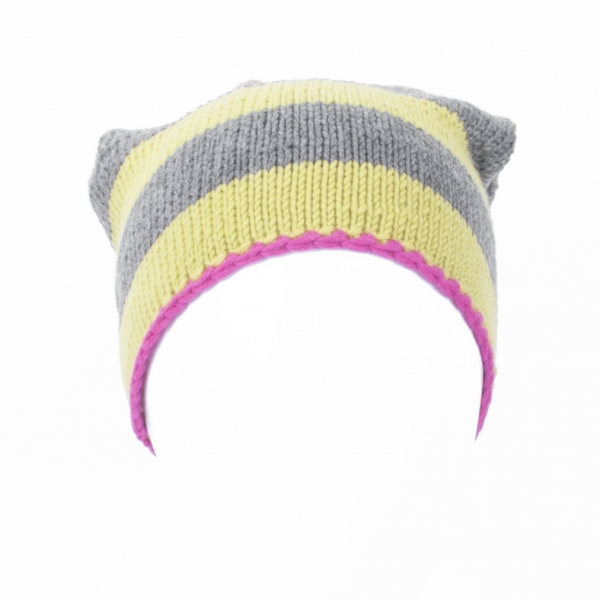 Pink, Yellow, Grey: Striped Knitwear Beanie with Fur Pompom