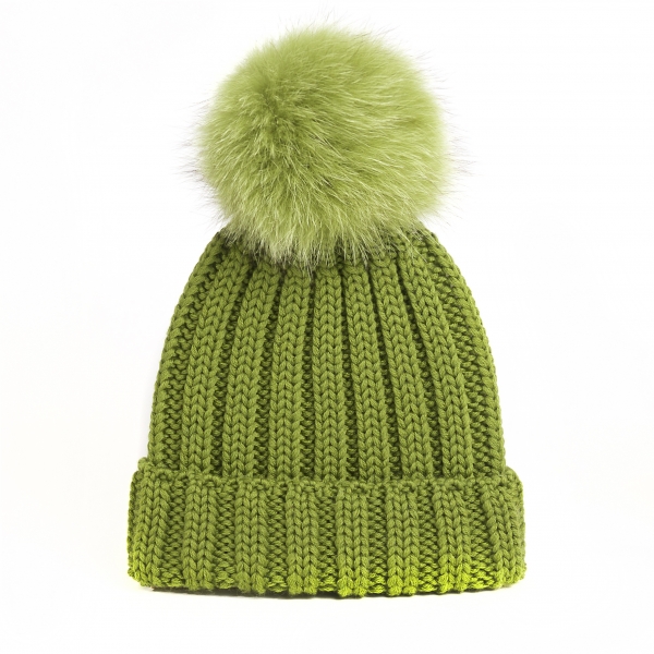 knitted Wool Cap with Fox Pompon, vapami- green