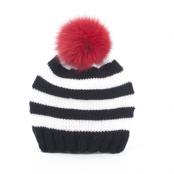 Hand-Knitted Striped Cap, Lana Grossa with Red Pompom