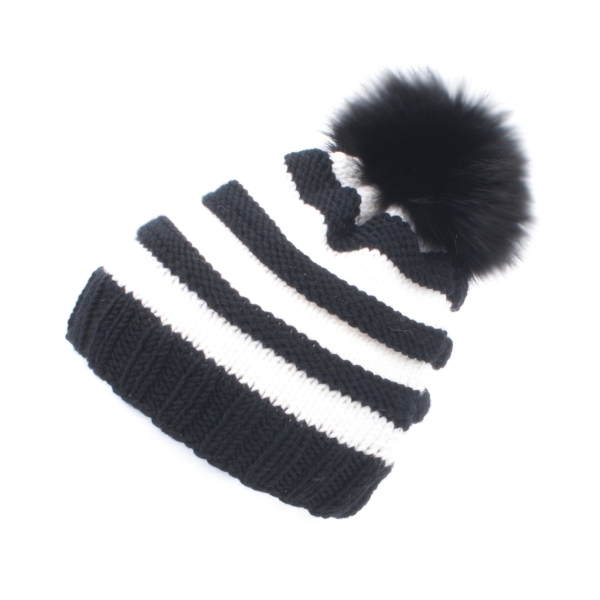 Hand-Knitted Cap with Black Fur Pompom