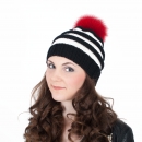 Hand-Knitted Striped Cap, Lana Grossa with Red Pompom